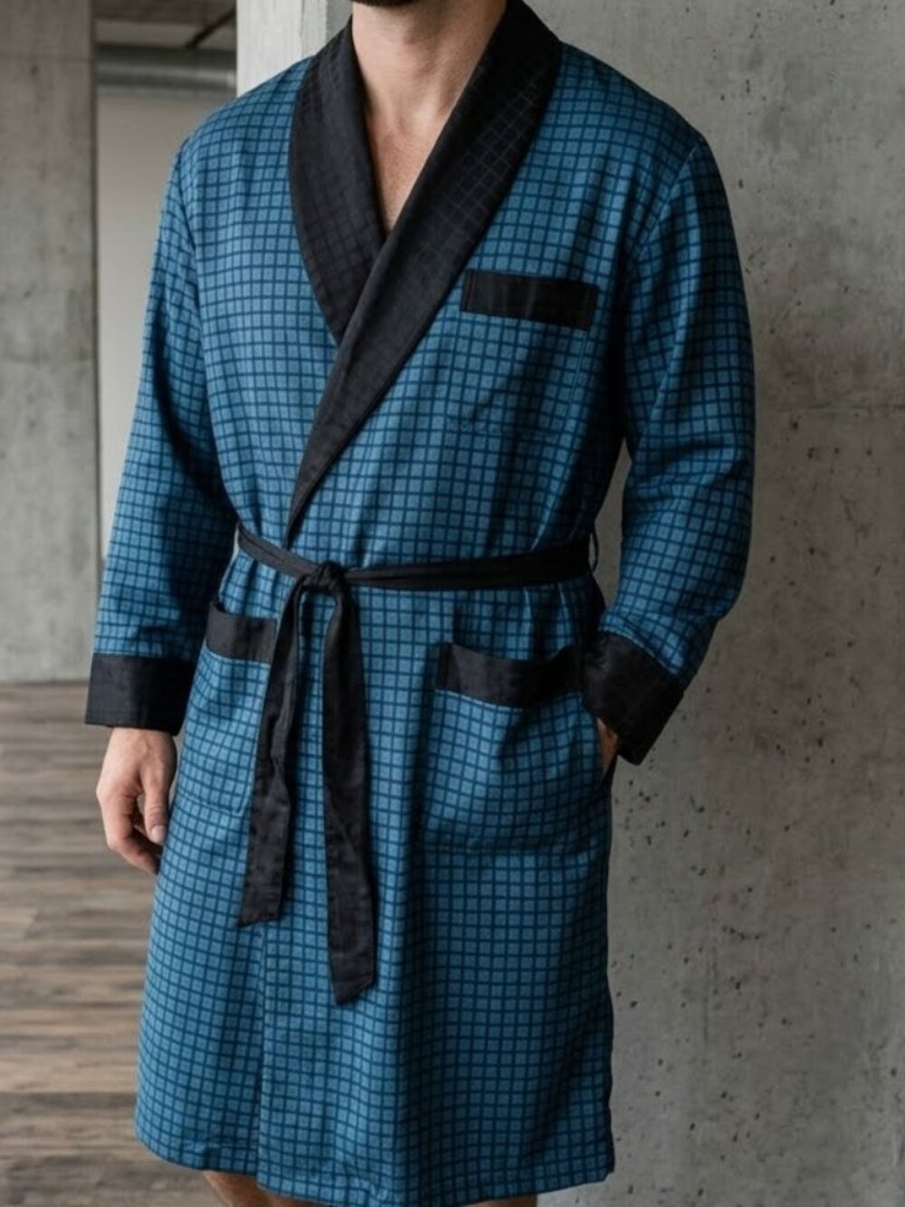 VTG 1950s Bel-Air Canada Men's Blue Check Robe Dressing Gown Smoking Jacket L